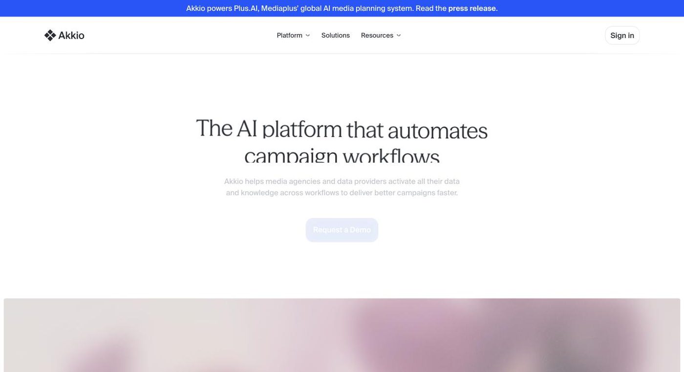 Screenshot of the Akkio homepage hero section