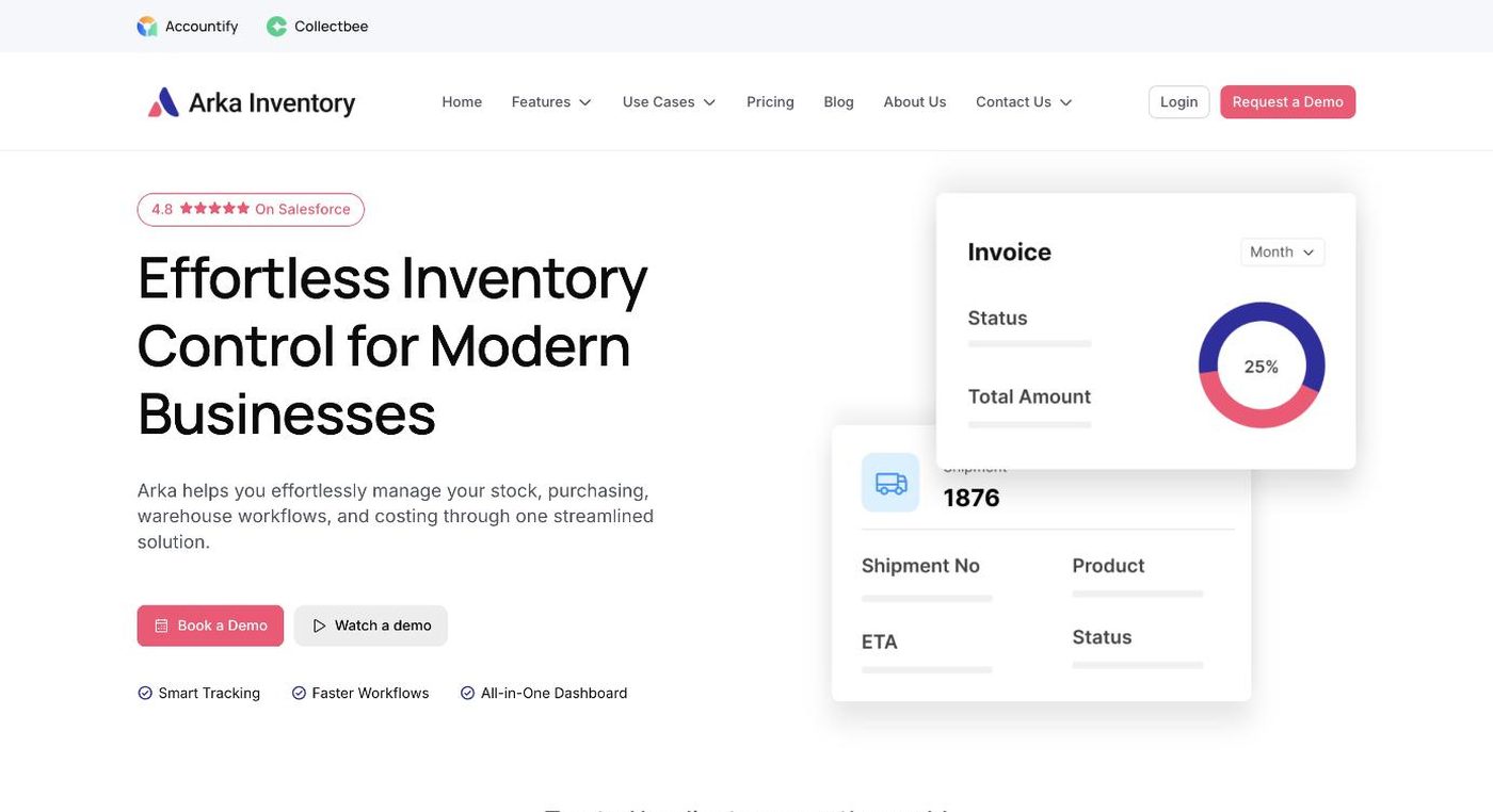 Screenshot of the Arka Inventory homepage hero section