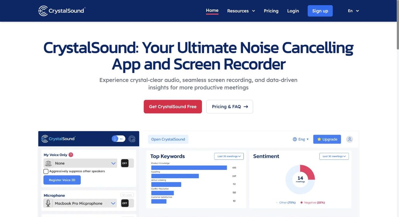 Screenshot of the CrystalSound homepage hero section