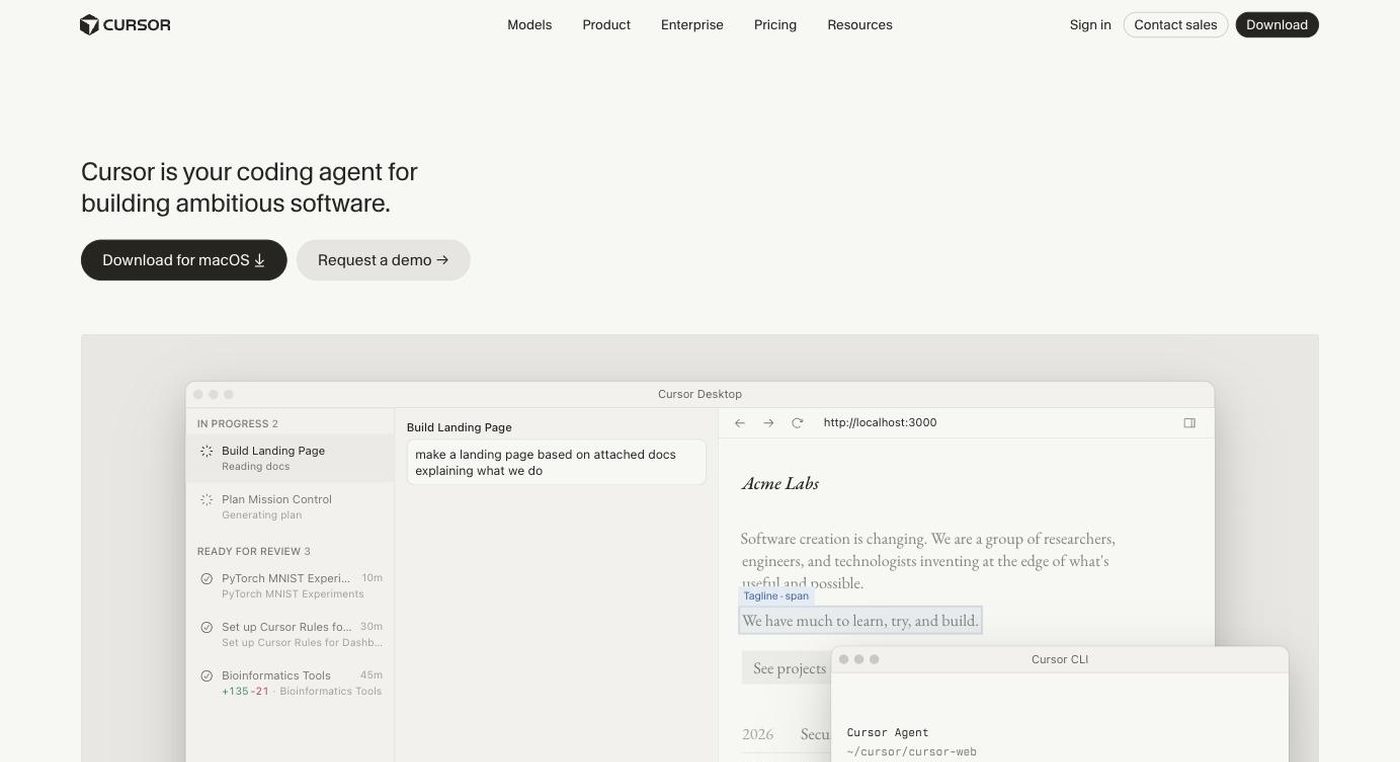 Screenshot of the Cursor homepage hero section