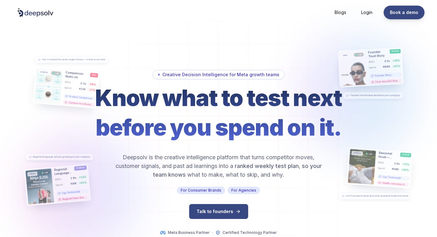 Screenshot of the DeepSolv homepage hero section: 'Know what to test next before you spend on it.'
