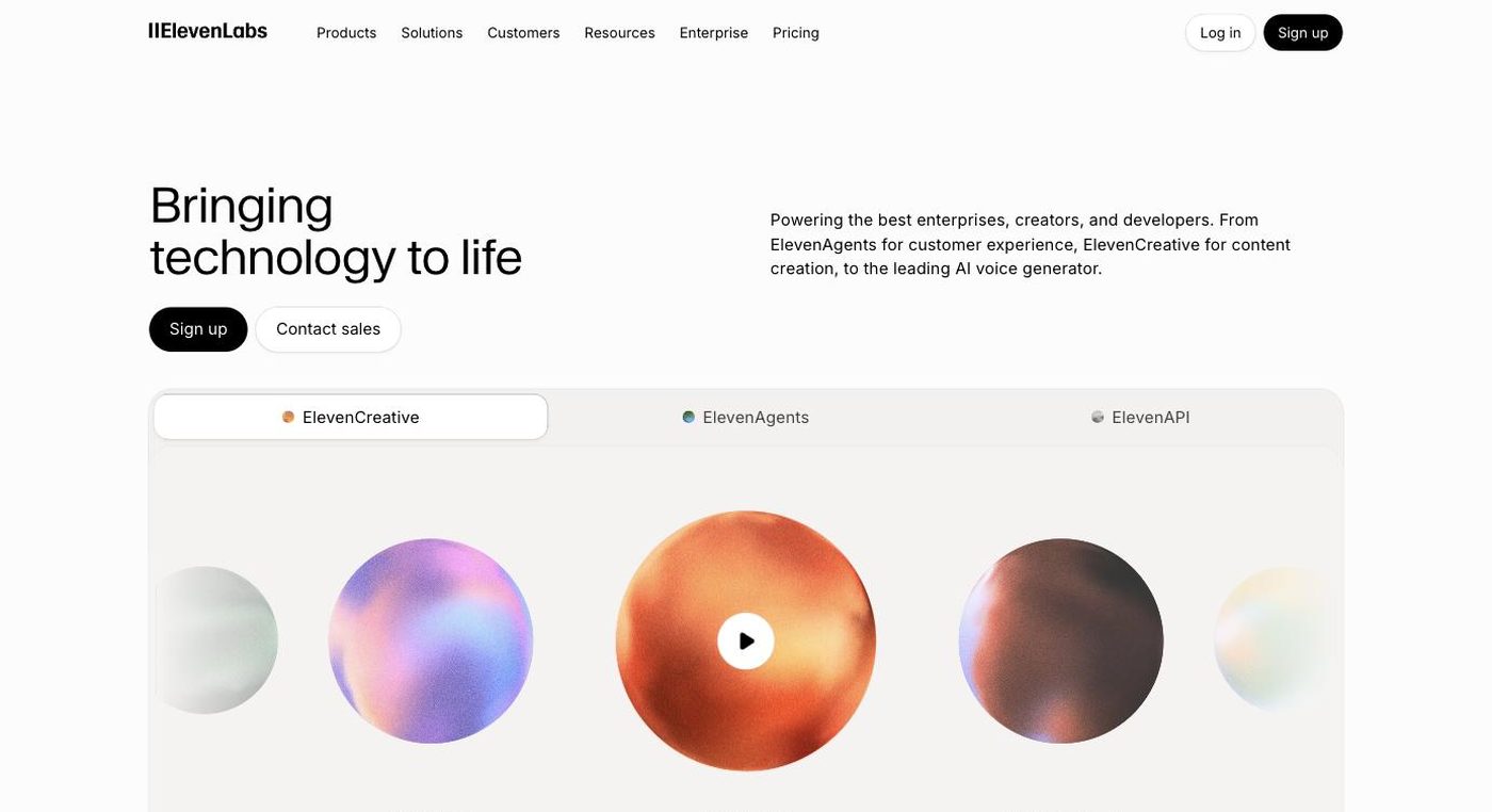 Screenshot of the ElevenLabs homepage hero section