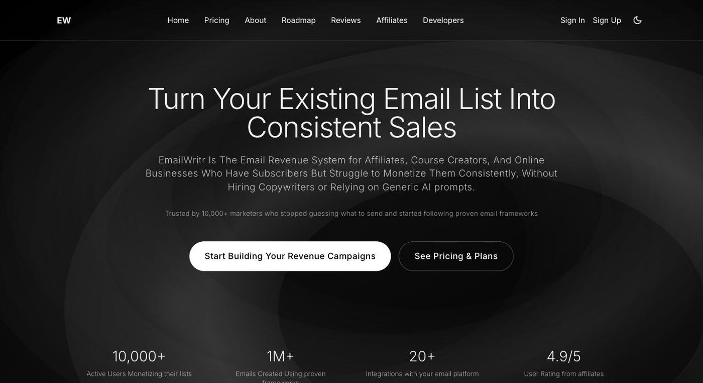 Screenshot of the EmailWritr homepage hero section
