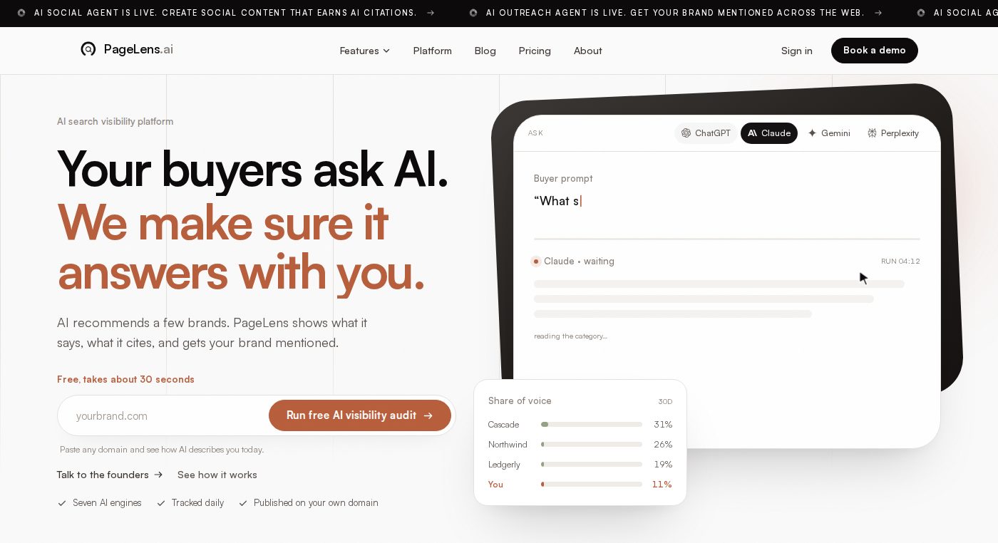 Screenshot of the PageLens.ai homepage hero section