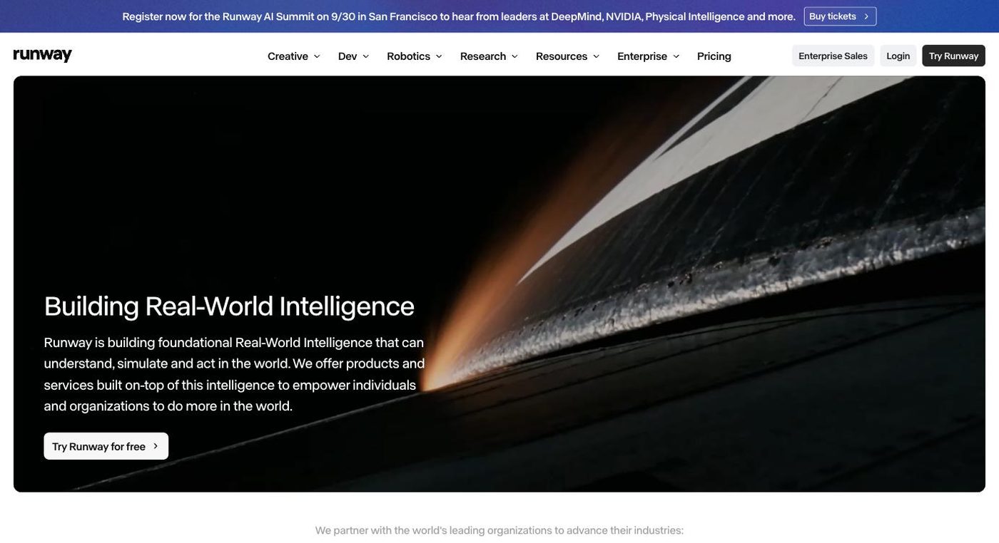 Screenshot of the Runway homepage hero section
