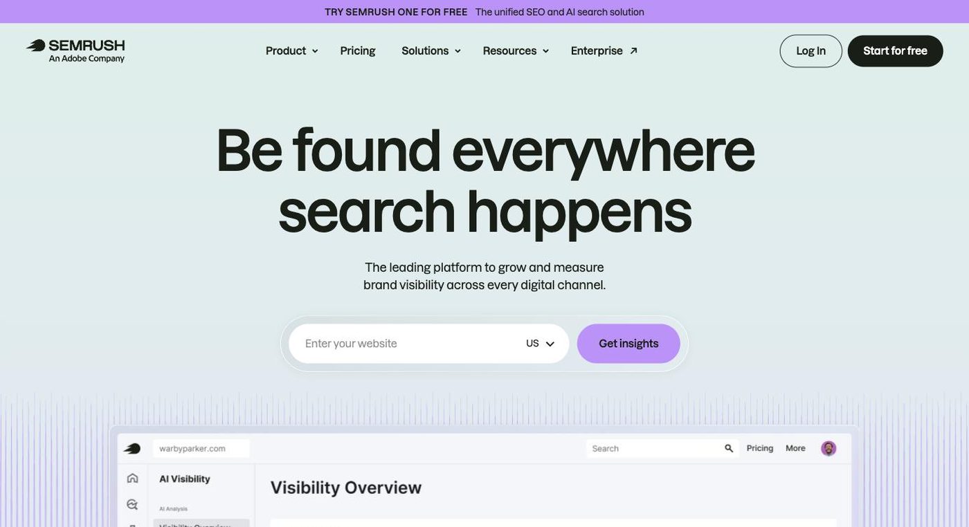 Screenshot of the Semrush homepage hero section